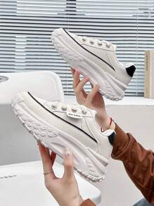 时尚舒适时尚女士休闲皮革厚底运动鞋，低帮，韩版 - 白色 - 查看 2