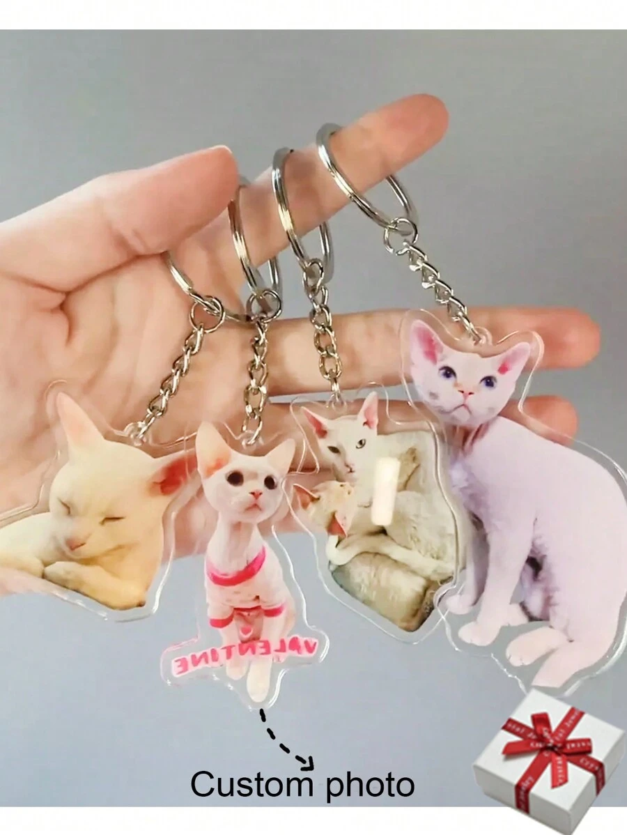 彩色圖像定制丙烯酸鑰匙扣，時尚個性化透明丙烯酸鑰匙扣，不鏽鋼經典圓形鑰環，客製化雕刻寵物，狗狗貓咪家庭禮物，派對慶典首飾，寵物主人的獨特禮物 - 銀色-透明壓克力 - 查看 1