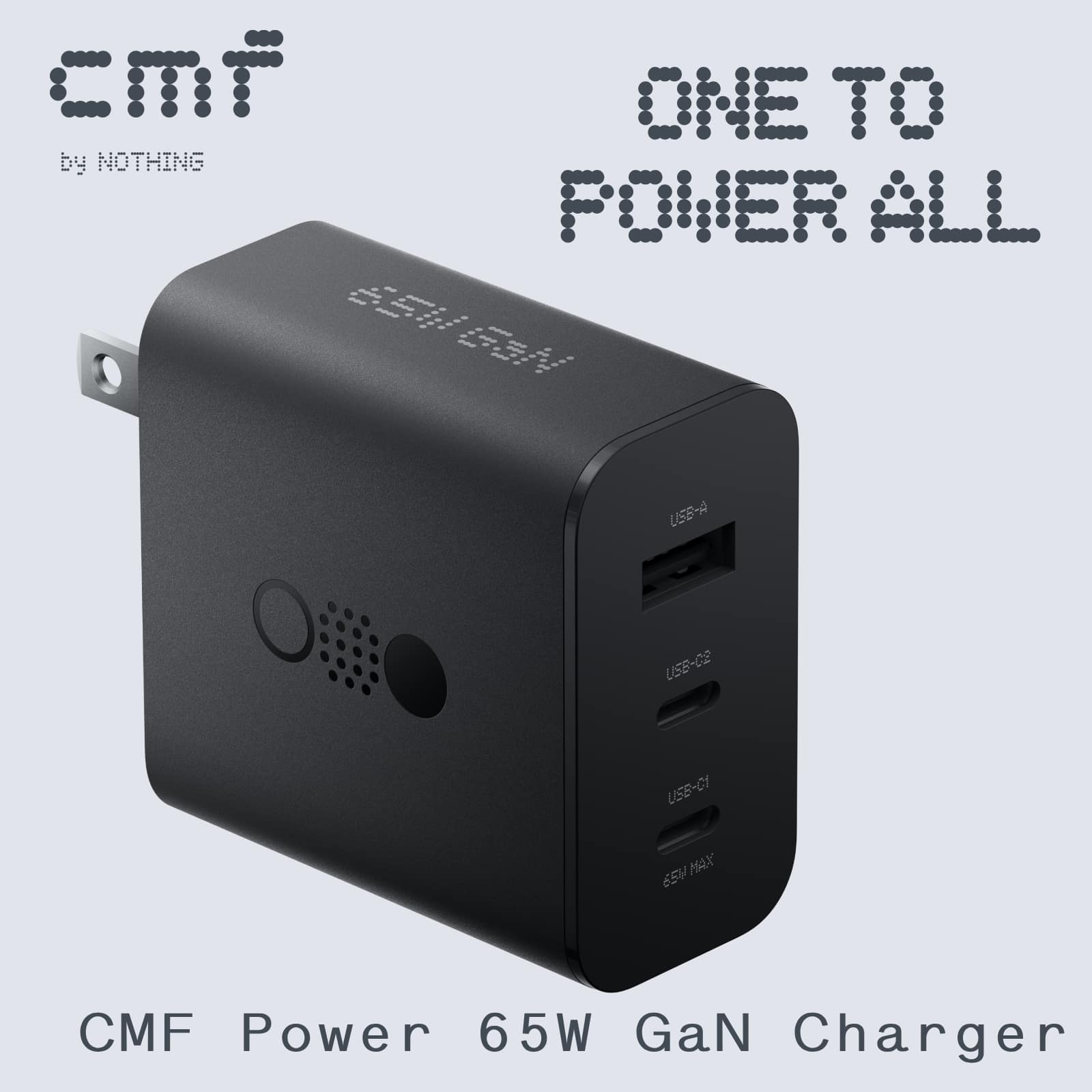 CMF By Nothing 65W GaN Power Charger, 2 USB-C Ports & 1 USB-A Port, Fast Charging Wall Charger, All-Round Protection