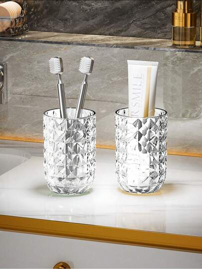 1 cốc rửa tay bằng nhựa PET trong suốt có họa tiết đá giả kim cương, cốc nhà tắm cỡ lớn, cốc súc miệng di động, giá để bàn chải đánh răng bằng nhựa, phụ kiện nhà tắm trang trí phòng tắm mùa thu trang trí trở lại trường