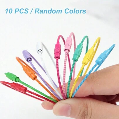 10 st. nyckelring i rostfritt stål med tråd, bagageetikett, nyckelringar, ögla av trådkabel, flätad nyckelring, tung bagageetikettring, tagghållare, resetillbehör, skolväskor