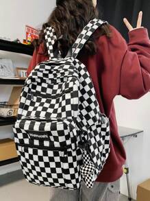 Diamond Shape Large Capacity Backpack, School Backpack - Black and White - View 1