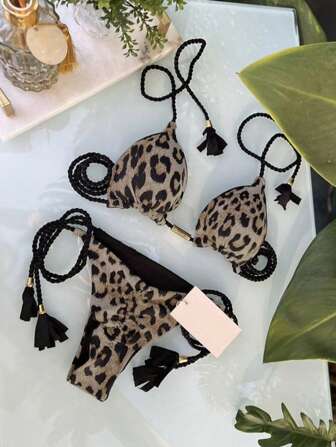 Leopard Print Pattern With Lace Up Tassels For A Sexy Look Two Pieces Bikini Set, Bathing Suit Summer