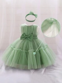 Vestido de gasa y satén de unicolor con decoración de mariposas en la cintura para niña joven, ropa formal hermosa y elegante con adorno para el cabello incluido como regalo