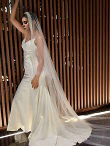 1pc Faux Pearl Studded Wedding Veil With 3 Meters Train, Intensely Beaded Bridal Veil Tiaras - Beige - View 4