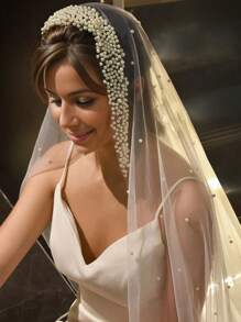 1pc Faux Pearl Studded Wedding Veil With 3 Meters Train, Intensely Beaded Bridal Veil Tiaras - Beige - View 2