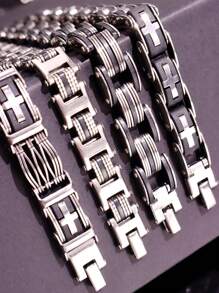 1 pieza Brazalete de cruz de acero inoxidable de estilo punk para hombres, regalo para fiestas/días festivos