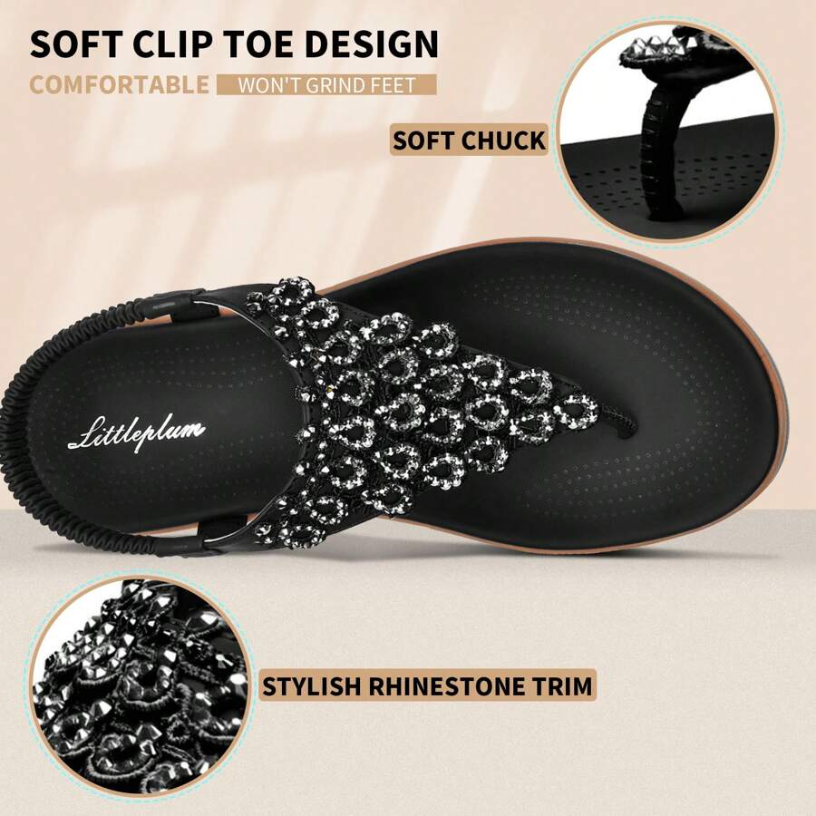 LITTLEPLUM Sandalias planas elegantes y cómodas de soporte de arco para mujeres, elásticas con punta abierta para caminar en verano - Negro - Ver 1