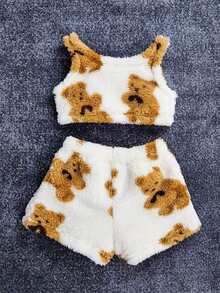 2pcs/Set Young Girl Girls Cute Cartoon Bear Printed Fleece Top And Shorts Set, Party Gift - White - View 2