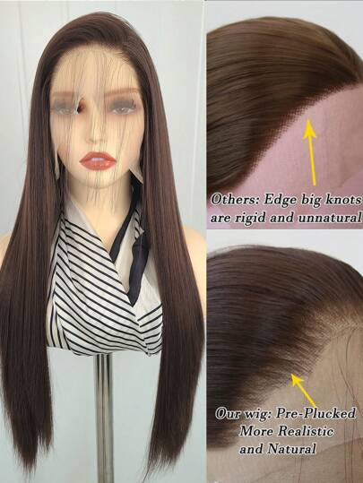 13X4 Dark Brown Synthetic Lace Front Wig Long Straight Chocolate Brown Lace Front Synthetic Wig Pre Plucked Natural Hairline Glueless Heat Resistant Fiber Hair Wig For Fashion Women