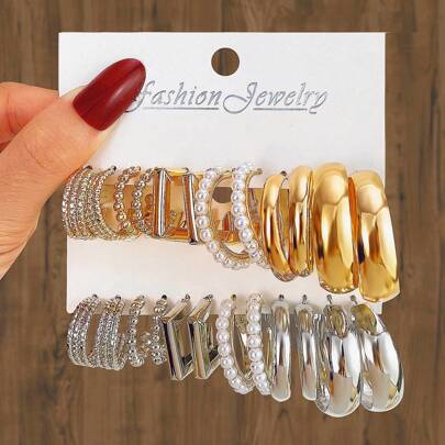 6-12 Pairs/Set New Exaggerated Big Circle Hoop Earrings Wrapped With Pearl, Gold-Plated, Sterling Silver C Design Earring Set