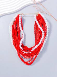 juran 1pc Women Multi-Layer Faux Pearl Necklace, Beaded Necklace