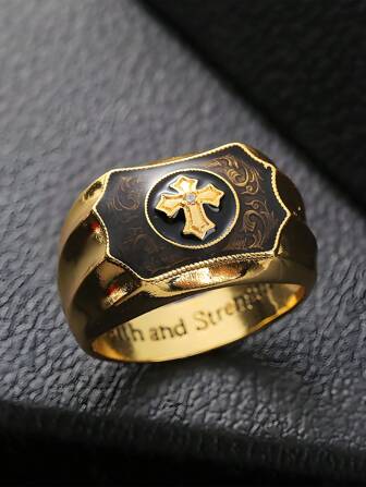Europe And The United States New Simple Creative Gold Man-Made Onyx Cross Faith And Power Ring Men's Niche Party Jewelry Gift