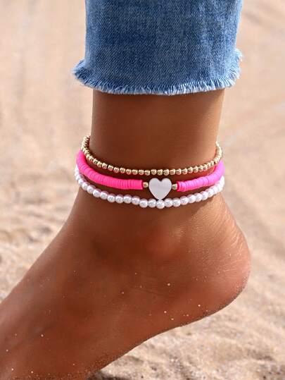 3入組時尚多功能波西米亞沙灘風格柔軟磁陶珠心形多層珍珠和CCB珠子腳鏈，是女性度假和約會的理想禮物