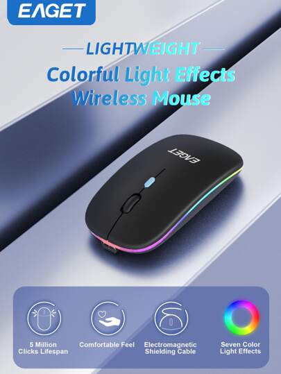 Ratón inalámbrico portátil y silencioso de 2.4G con luz LED compatible con computadora portátil y tableta, modo inalámbrico dual, retroiluminación RGB de 7 colores, ratón inalámbrico operado con batería