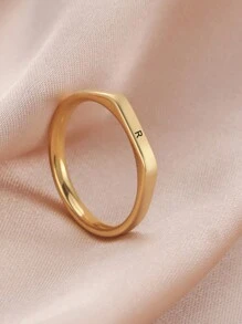 1 件不锈钢首字母 A-Z 简约戒指，个性化时尚情侣戒指，情人节女士礼物 - 金色 - 查看 5