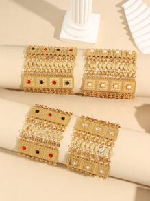 1入復古寬銅合金手鏈鍍金，鑲嵌水晶/人造珍珠，適合女性日常佩戴和節日禮品 - 金黃色 - 查看 8