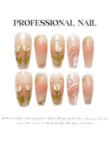 YADORNOS 10入組Y2K三維手繪光療郁金香手工貼式美甲，夏日腮紅花卉中長棺材形假指甲，破碎鑽石修飾假指甲，附有果凍膠和指甲檔的全蓋假指甲，女孩DIY美甲用品 - 彩色 - 查看 4