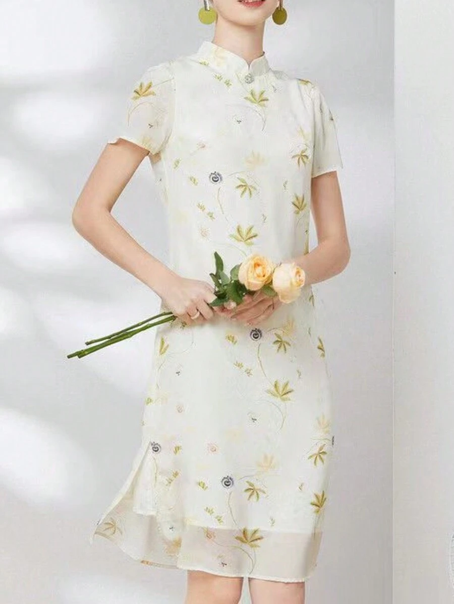 优雅女士花卉印花立领旗袍连衣裙，夏季 - 彩色 - 查看 1