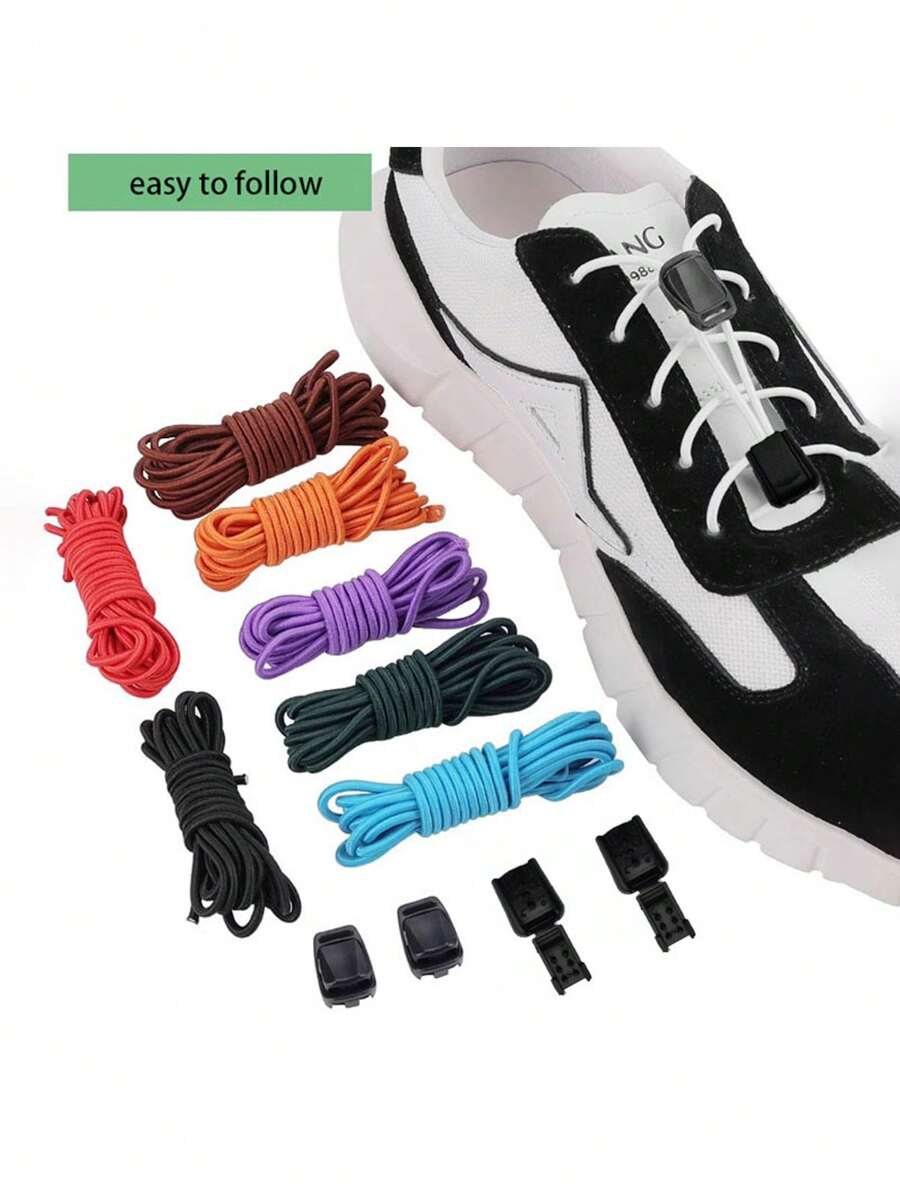 1 pieza cordones redondos holgados sin nudo (con bloqueador de cordón) de cordón grueso elástico para zapatos para hombres y mujeres, antideslizante - Negro - Ver 1