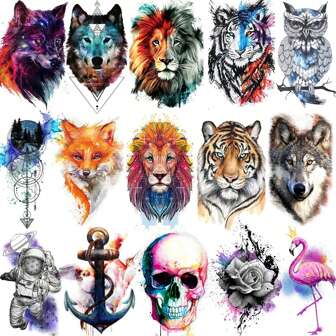15 Sheets Watercolor Animal Temporary Tattoo Stickers For Women And Men Adults For Arm, Neck, Waterproof, Fake Lion, Wolf And Tiger Tattoos, Fake Watercolor Rose, Anchor, Fox, Arrow, Fire Phoenix, Cat, Eagle, Skeleton Skull Tattoo Paper