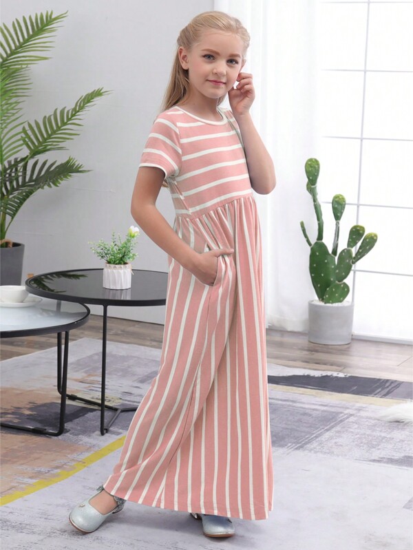 Robe longue décontractée à manches courtes avec motif imprimé pour filles préadolescentes, pour une utilisation décontractée et les vacances à l'extérieur