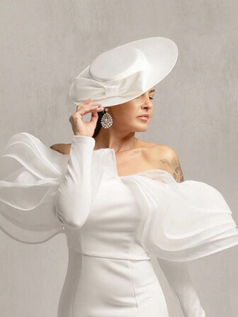 女士优雅宽边迷人帽子 大蝴蝶结正式场合肯塔基帽 女士婚礼新娘鸡尾酒茶会礼服平顶软呢帽 万圣节情人节