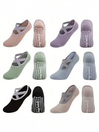 1pair/2pairs/3 Pairs/4pairs/5pairs /6pairs Of Mixed Color Yoga Socks, Cross Strap Anti Slip Pilates Sports Socks, Ballet, Silicone Anti Slip Dance Indoor Pilates Floor Fitness Socks