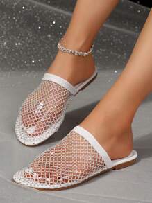 Women's Flat Sandals With Hollow-Out Rhinestone, 2025 New Summer Non-Slip Fishnet Beach Vacation Slip-On Sandals, Black & Apricot, Fashionable Elegant Glamorous Music Festival Punk Chic Sexy