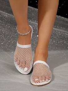 Women's Flat Sandals With Hollow-Out Rhinestone, 2025 New Summer Non-Slip Fishnet Beach Vacation Slip-On Sandals, Black & Apricot, Fashionable Elegant Glamorous Music Festival Punk Chic Sexy