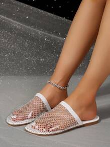 Women's Flat Sandals With Hollow-Out Rhinestone, 2025 New Summer Non-Slip Fishnet Beach Vacation Slip-On Sandals, Black & Apricot, Fashionable Elegant Glamorous Music Festival Punk Chic Sexy