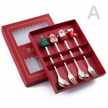 不锈钢圣诞礼物餐具套装，可爱的甜点勺和叉子，圣诞礼物礼物，礼品盒包装，配有圣诞老人、雪人、圣诞礼物树和袜子形手柄，非常适合茶、咖啡、甜点和混合居家房间装饰、厨房、圣诞礼物、学校用品 - 彩色 - 查看 15