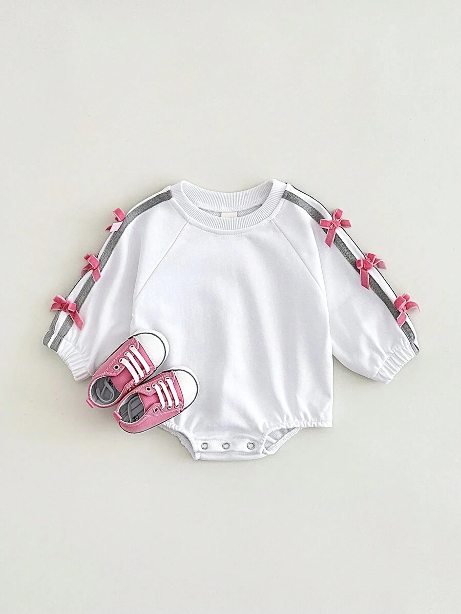 Pelele de manga larga con lazo lindo para bebé recién nacido niña, primavera y otoño - Blanco - Ver 1