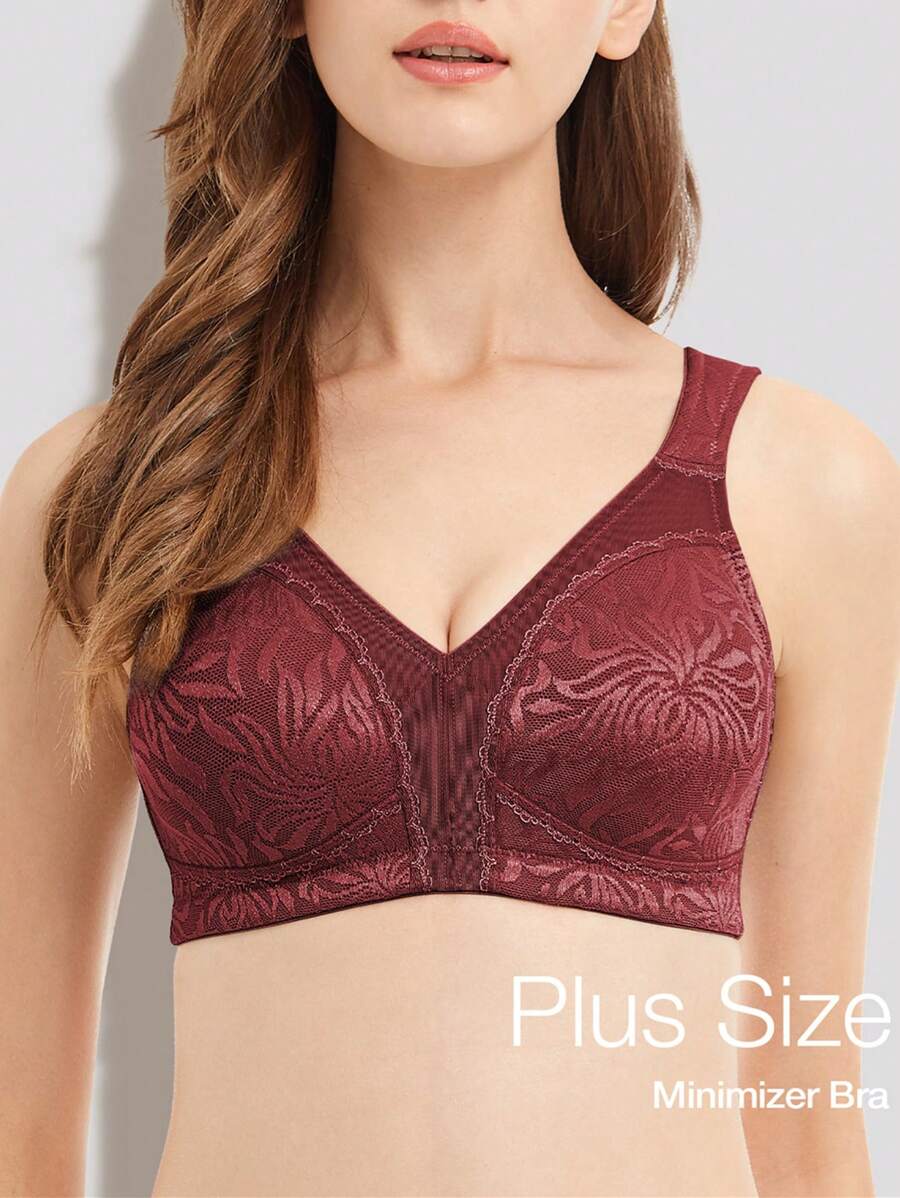 Deyllo 大码女士舒适塑形文胸，无钢圈，无衬垫 - 酒紅色 - 查看 1