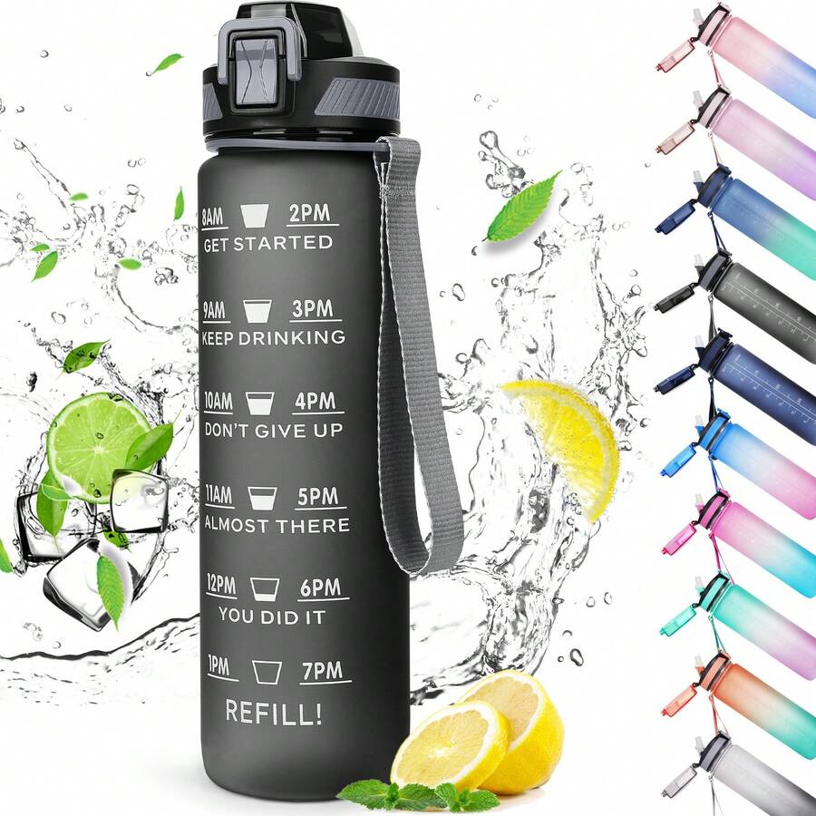 CodiCile Sports Water Bottle 1L With Straw, Leakproof Sports Bottle With Time Markings, Perfect For Running, Cycling, Gym, School And Office - Multicolor - View 1