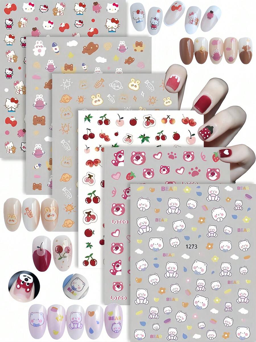 可愛動物美甲貼紙 自粘兔子和熊貓美甲貼片 美甲用品 適用於女性和女孩美甲裝飾 - 彩色 - 查看 1