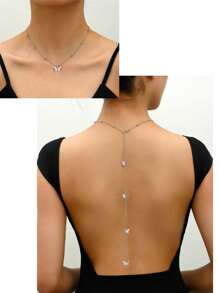 1pc New Arrival European & American Style Pearl Back Chain, Simple & Versatile Faux Pearl Body Chain Y Necklace Jewelry For Women - Silver - View 3