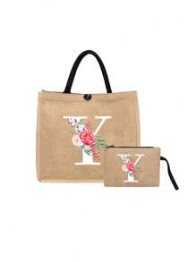 Linen Tote Bag, Including A Printed Initials A-Z Tote Bag And A Printed Small Bag, Black Letters, Flowers, Personalized Gift Package, Yellow Linen Black Tote Bag With Black Buckle, Combination Of Small And Large Bag