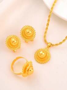 3pcs/Set Jewelry Set With Pendant, Black Rope And Earrings, Great For Eritrean Wedding - Yellow Gold - View 4