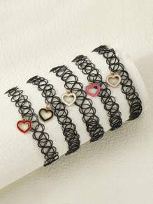 5pcs Simple & Stylish Children's Colorful Heart Pendant Elastic Cord Necklaces Set