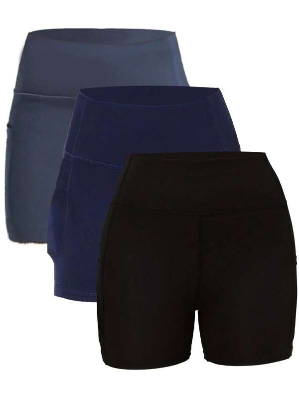 Conjunto de 3 shorts deportivos con bolsillo de alta compresión y cintura alta para correr, fitness y yoga, secado rápido. Shorts para mujer para moldear y levantar