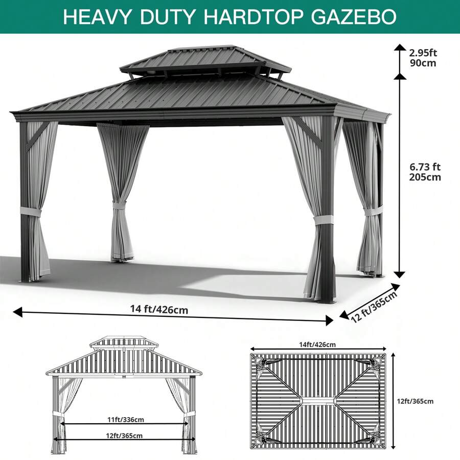 10x12ft Hardtop Gazebo Double Roof With Nettings And Curtains, Aluminum