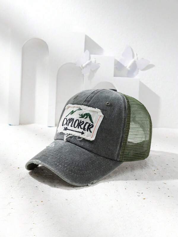 1 pieza Gorra de malla de letra de parche con diseño desgastado para hombre