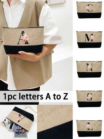 1PC Flower Letter Printed Patchwork Women's Handbag, Makeup Bag, Reusable Handbag, Women's Simple And Large Capacity Travel Makeup Bag, Multifunctional Portable Women's Gift, Portable Leisure Storage Bag