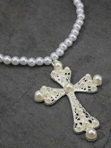 Hip-Hop Style Faux Pearl Studded Cross Collarbone Necklace, Unique Punk Necklace, Exaggerated Personalized Necklace, Unisex, Punk Cross & Faux Pearl Sweet Cool Collar Necklace For Women - Silver - View 3