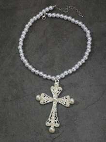 Hip-Hop Style Faux Pearl Studded Cross Collarbone Necklace, Unique Punk Necklace, Exaggerated Personalized Necklace, Unisex, Punk Cross & Faux Pearl Sweet Cool Collar Necklace For Women - Silver - View 2