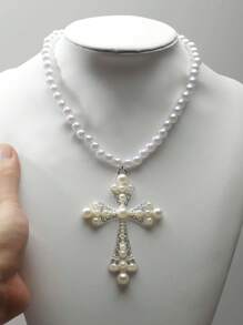 Hip-Hop Style Faux Pearl Studded Cross Collarbone Necklace, Unique Punk Necklace, Exaggerated Personalized Necklace, Unisex, Punk Cross & Faux Pearl Sweet Cool Collar Necklace For Women - Silver - View 1