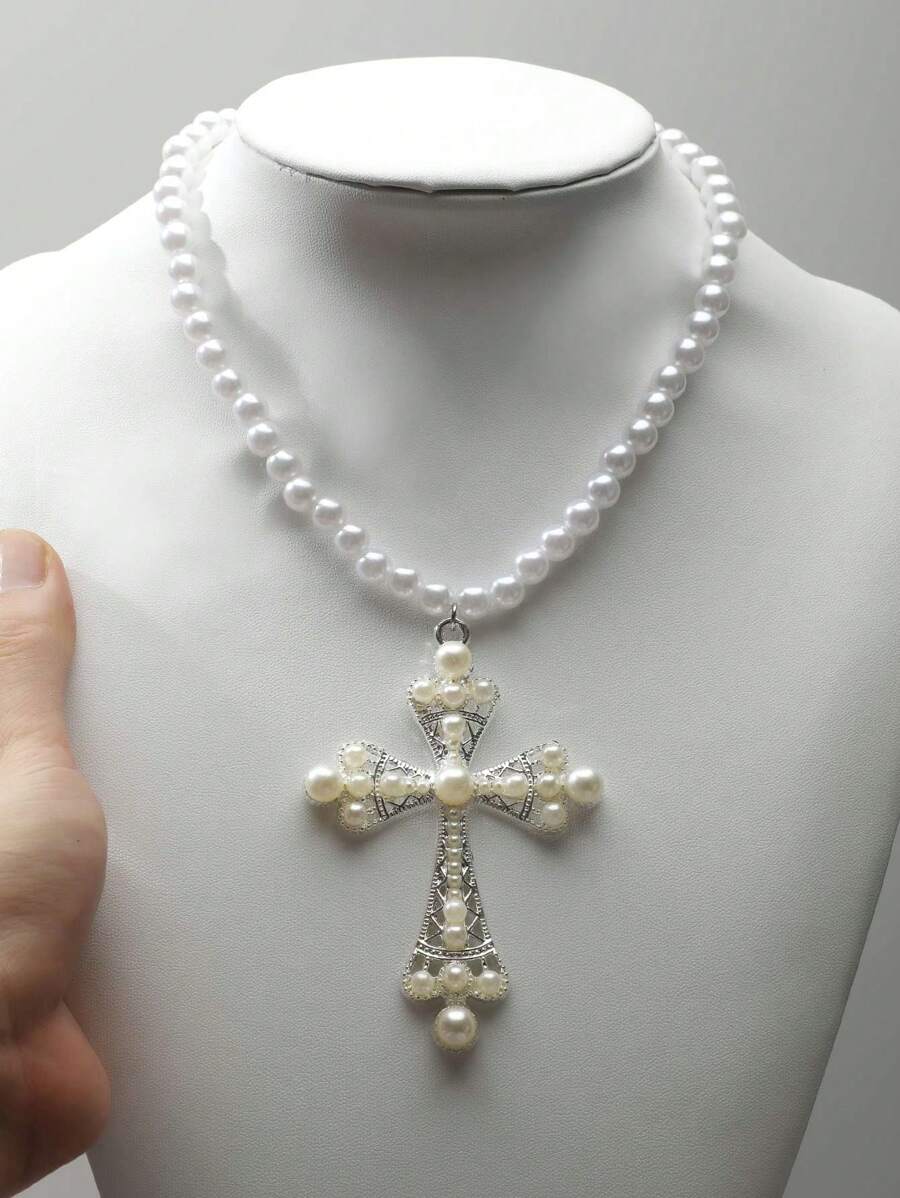 Hip-Hop Style Faux Pearl Studded Cross Collarbone Necklace, Unique Punk Necklace, Exaggerated Personalized Necklace, Unisex, Punk Cross & Faux Pearl Sweet Cool Collar Necklace For Women - Silver - View 1