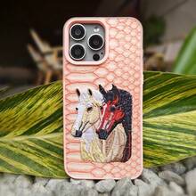 帶有動物圖案蛇圖案的3D刺繡馬手機殼,兼容iPhone 11 13 15 Pro Max的皮革手機套 - 彩色 - 查看 43