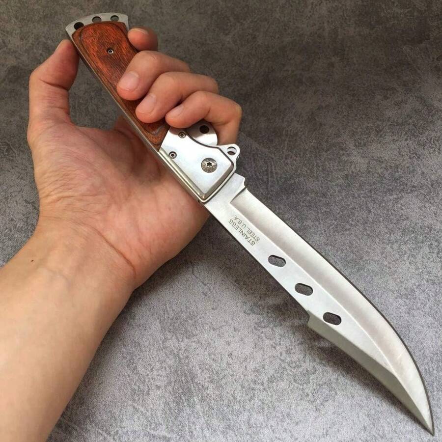 折疊刀大號10.8英寸，男士口袋刀，野營，釣魚，徒步旅行，自衛，木柄（附尼龍套）口袋刀